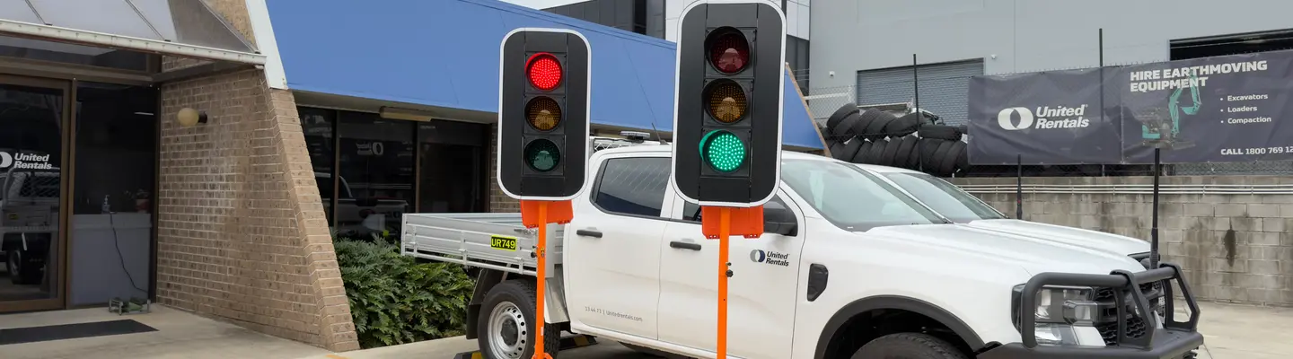 Trailer Mounted Traffic Lights - Tow trailer-mounted traffic light units packed in the equipment yard. 