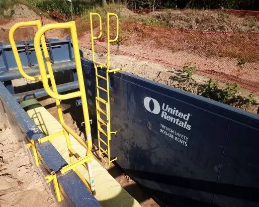 Trench box with installed ladders