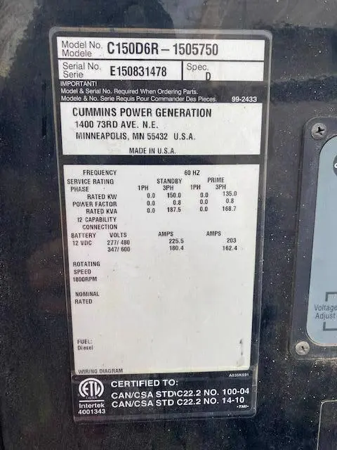 2015 Cummins C150D6R Diesel Generator