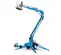 Front view of blue Genie boom lift with extended arm, stabilizers and silver basket.