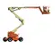 Side view of an orange and beige articulating boom lift with an extended platform.