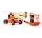 Front angled view of a red, orange and beige JLG articulating boom lift with a lowered platform with safety rails.