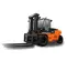 Front angled view of an orange and black warehouse forklift with a black mast, black forks and an enclosed cabin.