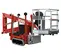 Front angled view of a red and gray Teupen atrium lift with platform and safety rails.