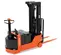 Rear angled view of an orange and black Toyota warehouse forklift with a control handle and lifting mechanism.