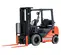 Front angled view of an orange and black Toyota warehouse forklift with a black mast, orange forks and an open cabin.