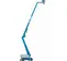 Wide side view of a  fully extended blue boom lift with basket.