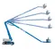 Side view of a blue articulating boom lift with four extendable arms and baskets, showing its possible range of motion.