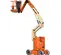 Side view of an orange and beige JLG articulating boom lift with extended articulated arm and basket.