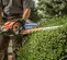 Orange Stihl hedge trimmer with 30 inch blade being used to cut hedges