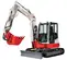 White, red and gray TAKEUCHI 12,000-14,000 lb. Mini Excavator, Reduced Tail Swing