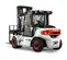 A white and black Bobcat D70 forklift with orange accents, red wheel hubs, and black forks, shown from a front-left, slightly elevated angle on a white background.