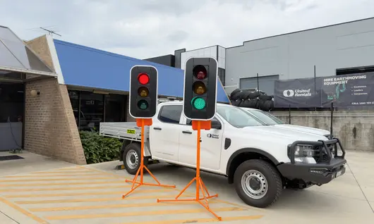 Trailer Mounted Traffic Lights - Tow trailer-mounted traffic light units packed in the equipment yard. 