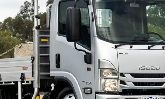 A white Isuzu flatbed truck parked outdoors, carrying a load of gravel, with trees and grass in the background.