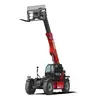Front angled view of a red telehandler with extended boom and forklift attachment with an enclosed cab.
