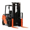 Front angled view of an orange and black Toyota warehouse forklift with a black mast, orange forks and an open cabin.