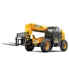 Front angled view of a yellow JCB telehandler with retracted boom, black forklift attachment and an enclosed cabin.