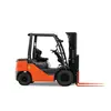 Side view of an orange and black Toyota warehouse forklift with a black mast, orange forks and an open cabin.