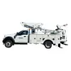 Side view of a white United Rentals bucket truck with retracted boom and bucket.