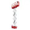 Side view of an elevated orange and white scissor lift.