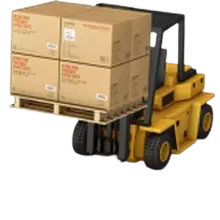 Front view of a yellow warehouse forklift with a black mast and open cabin carrying brown boxes on a black background.