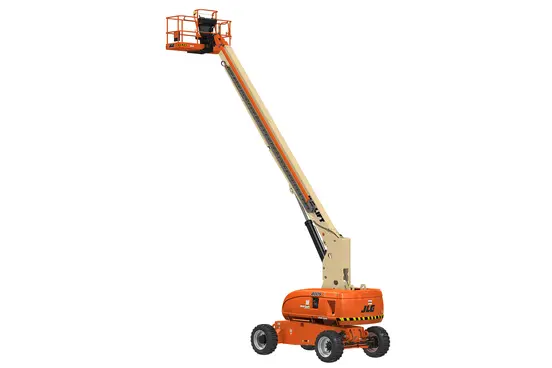 Rear angled view of an orange and beige telescopic boom lift with extended arm and basket.