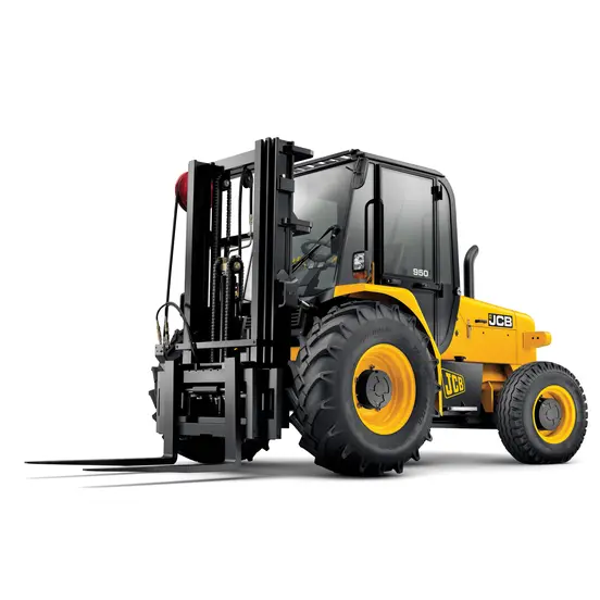 Front angled view of yellow JCB rough terrain forklift with black forks, black tires and an enclosed cabin.