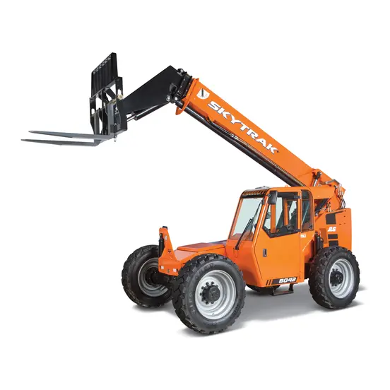 Side view of orange SkyTrak telehandler with extended boom, forklift attachment and enclosed cabin.