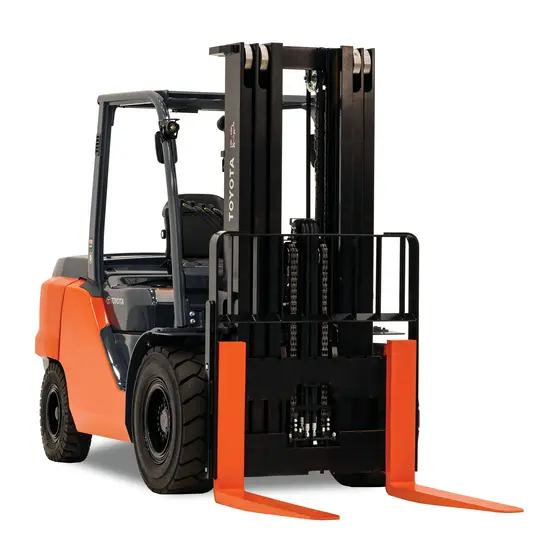 Front angled view of an orange and black Toyota warehouse forklift with a black mast, orange forks and an open cabin.