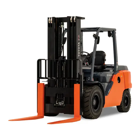 Front angled view of an orange and black Toyota warehouse forklift with a black mast, orange forks and an open cabin.