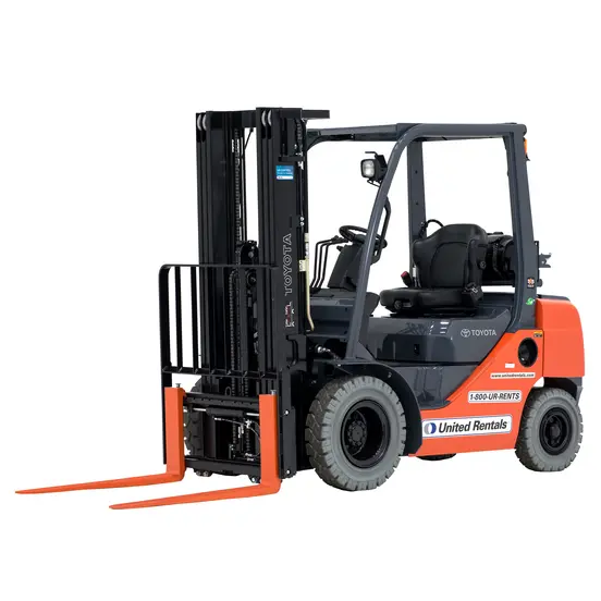 Front angled view of an orange and black Toyota warehouse forklift with a black mast, orange forks and an open cabin.