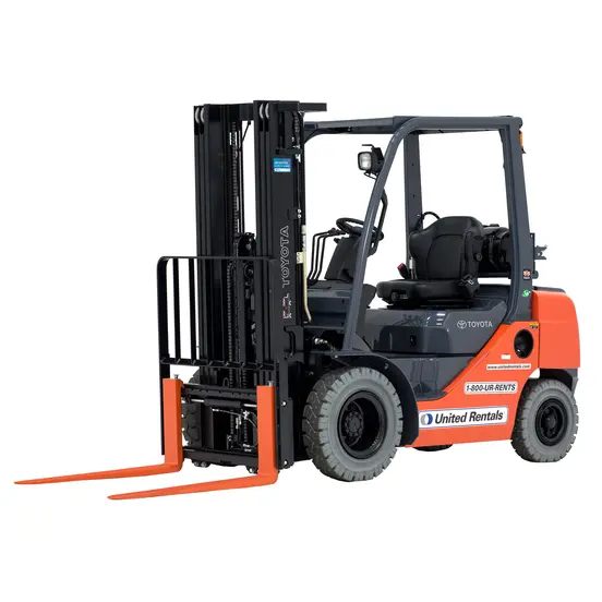 Front angled view of an orange and black Toyota warehouse forklift with a black mast, orange forks and an open cabin.