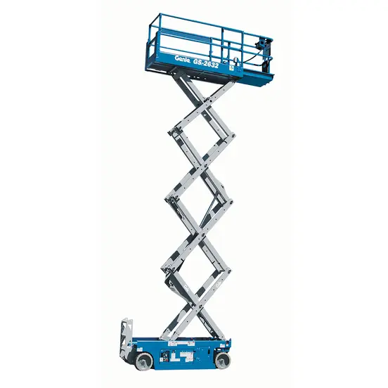 Side view of an extended blue Genie scissor lift with platform with a safety railing.