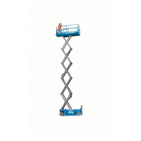 Side view of extended blue Genie scissor lift with a platform with safety rails.