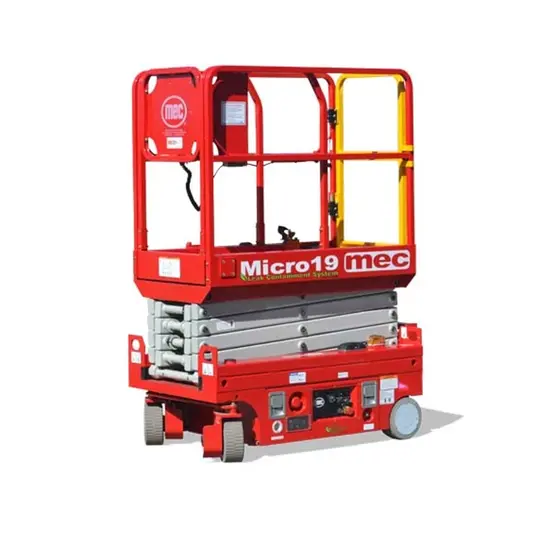 Side view of retracted red Micro19 Mec scissor lift with safety railing.