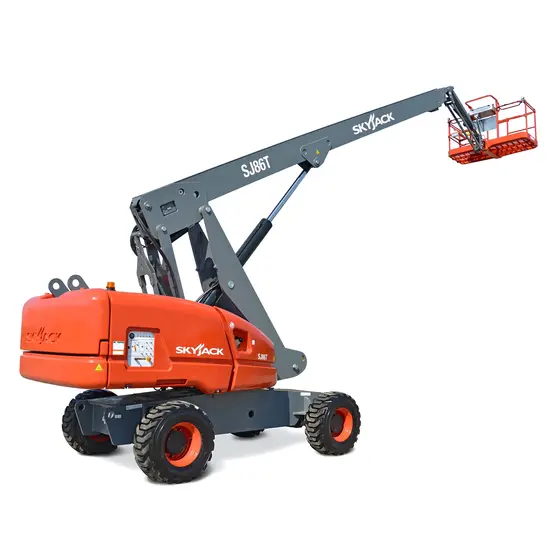 Side angled view of orange and gray Skyjack boom lift with extended arm and basket.