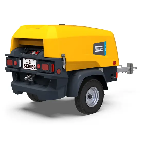 Yellow and gray Atlas Copco diesel powered compressor