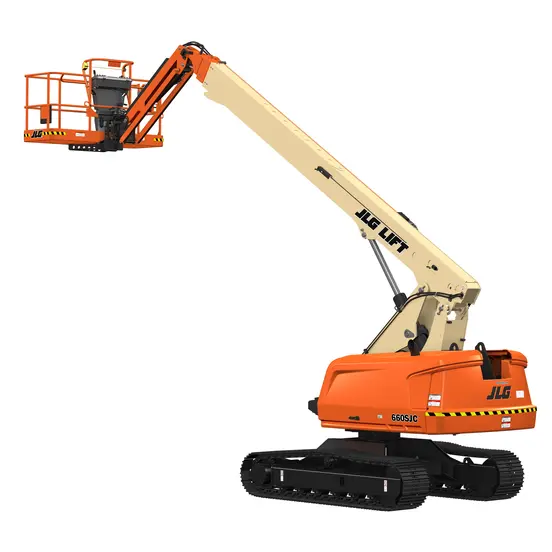 Side angled view of an orange and beige JLG Lift boom lift with extended arm and basket.