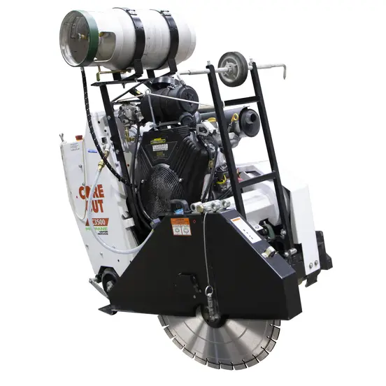 White and black DIAMONDPR Self-Propelled Concrete Street Saw, 26 in., Gas Powered