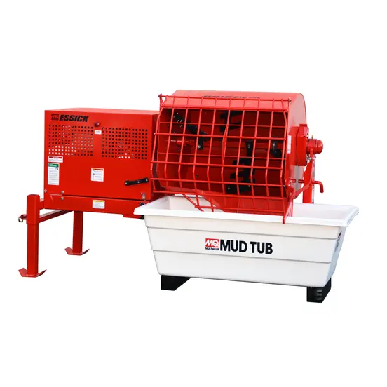 Red and white MULTIQUIP Mortar Mixer, 12 cubic ft., Gas Powered