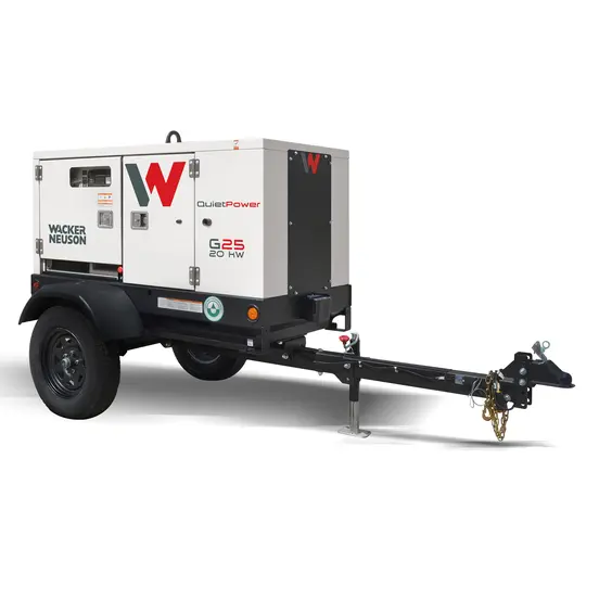 White and black WACKER 20-25 kW Towable Generator, Tier 4 Diesel
