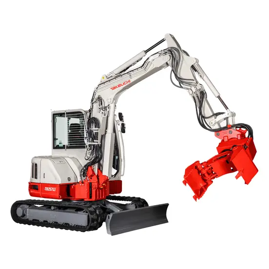White, red and gray TAKEUCHI 12,000-14,000 lb. Mini Excavator, Reduced Tail Swing