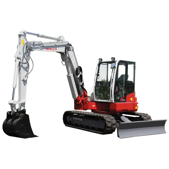 Red, white and black Takeuchi Excavator with Zero Tail Swing