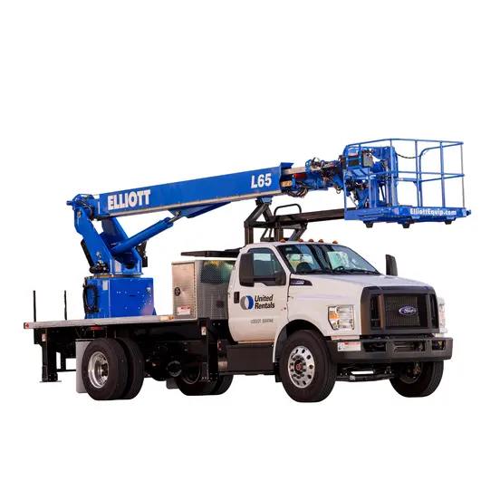 White, black and blue ELLIOTT 64-65 ft. Bucket Truck, Non-insulated, 2WD