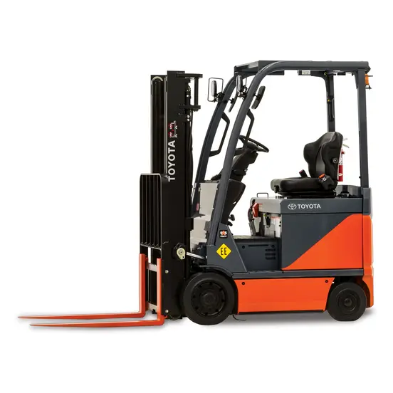 Orange and black Toyota electric warehouse forklift